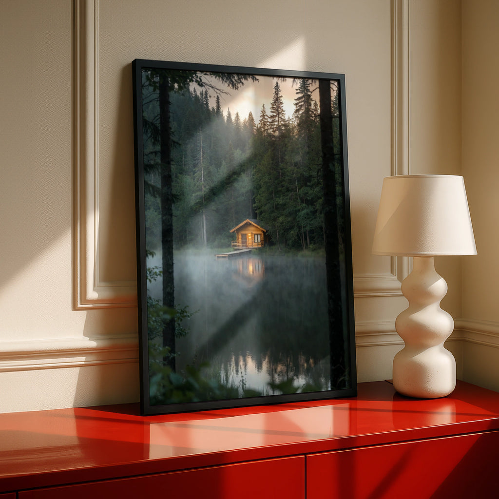 Lake Cabin Poster, Misty Forest Wall Art, Log Cabin Nature Print, Rustic Woodland Decor