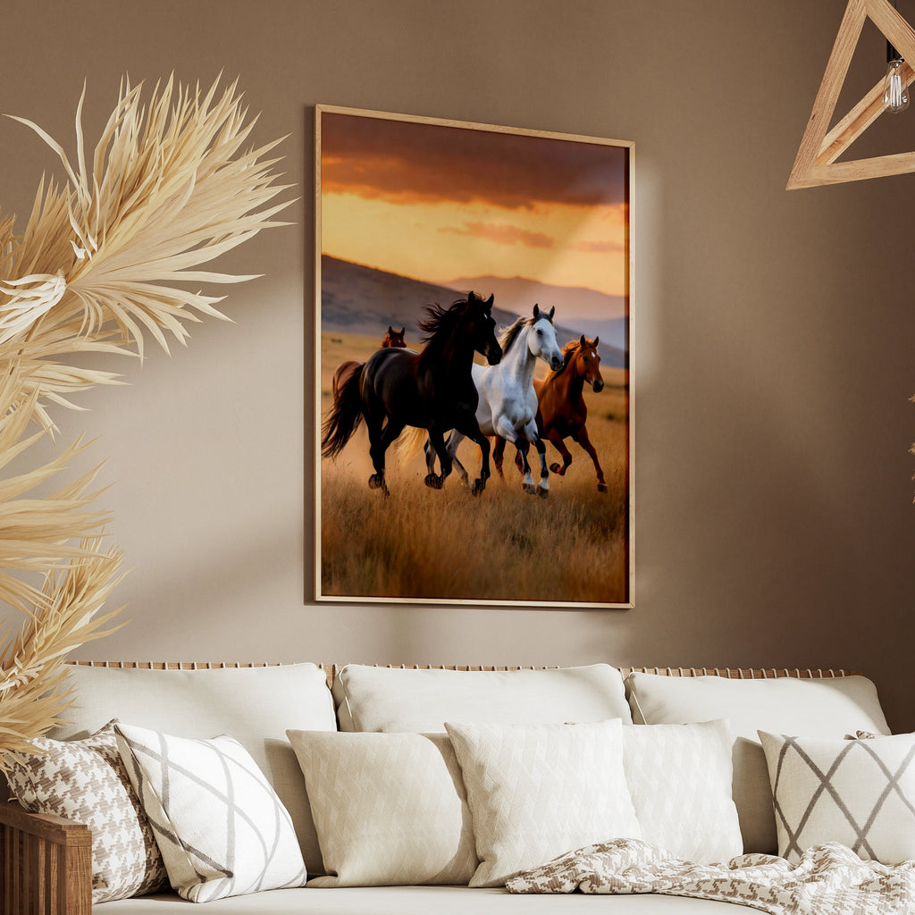 Wild Horses Running at Sunset Poster, Black White Chestnut Herd Wall Art Print