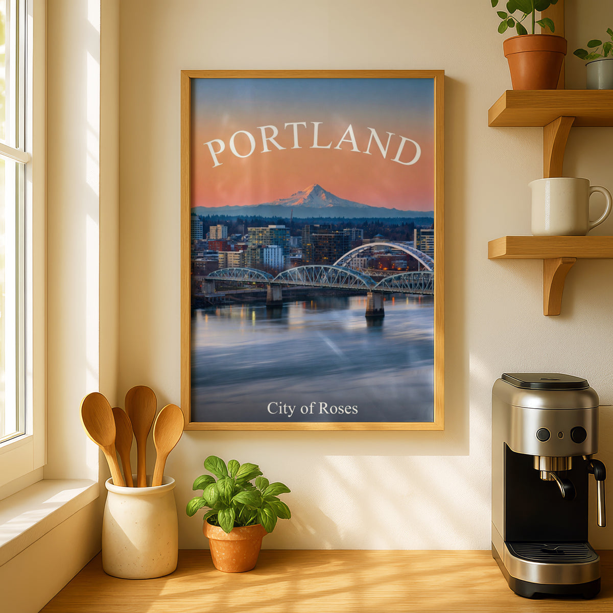 Portland Oregon Poster, City of Roses Skyline Print, Willamette River Sunset Wall Art