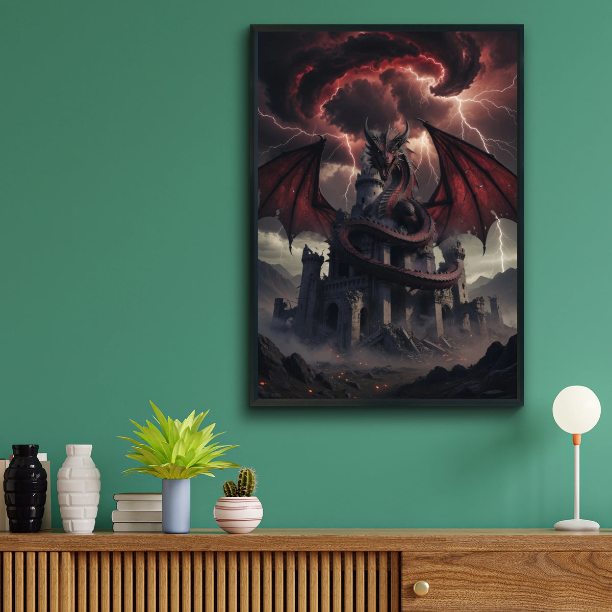 Red Dragon Castle Poster, Dark Fantasy Wall Art, Gothic Storm Lightning Print