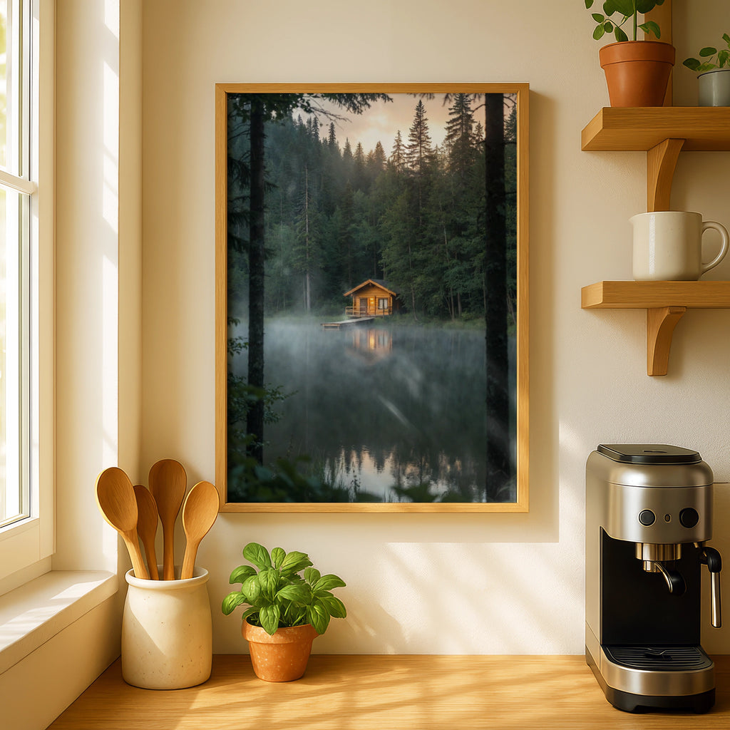 Lake Cabin Poster, Misty Forest Wall Art, Log Cabin Nature Print, Rustic Woodland Decor
