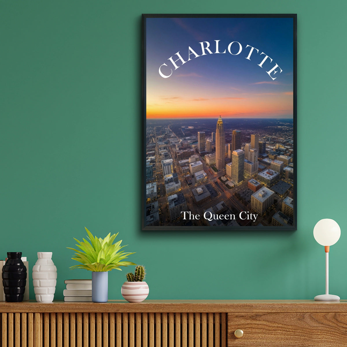 Charlotte North Carolina Skyline Poster, Queen City Aerial Sunset Wall Art Print