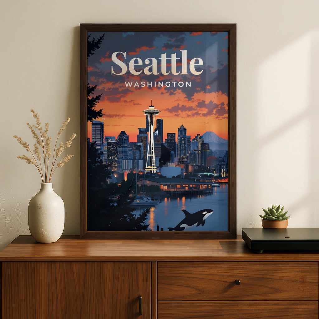 Seattle Washington Travel Poster, Space Needle Skyline Wall Art, Orca Sunset Print