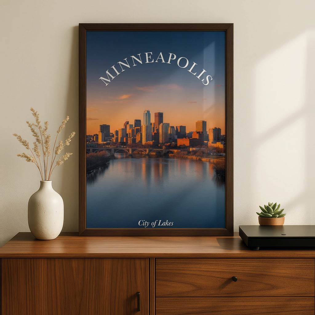 Minneapolis Skyline Poster, City of Lakes Wall Art, Minnesota Travel Print, Sunset Cityscape