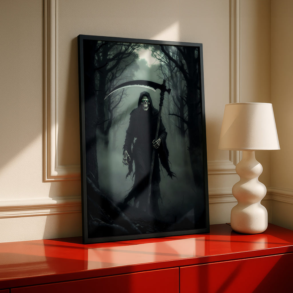 Grim Reaper Dark Forest Poster, Skull Scythe Horror Wall Art, Gothic Halloween Decor Print