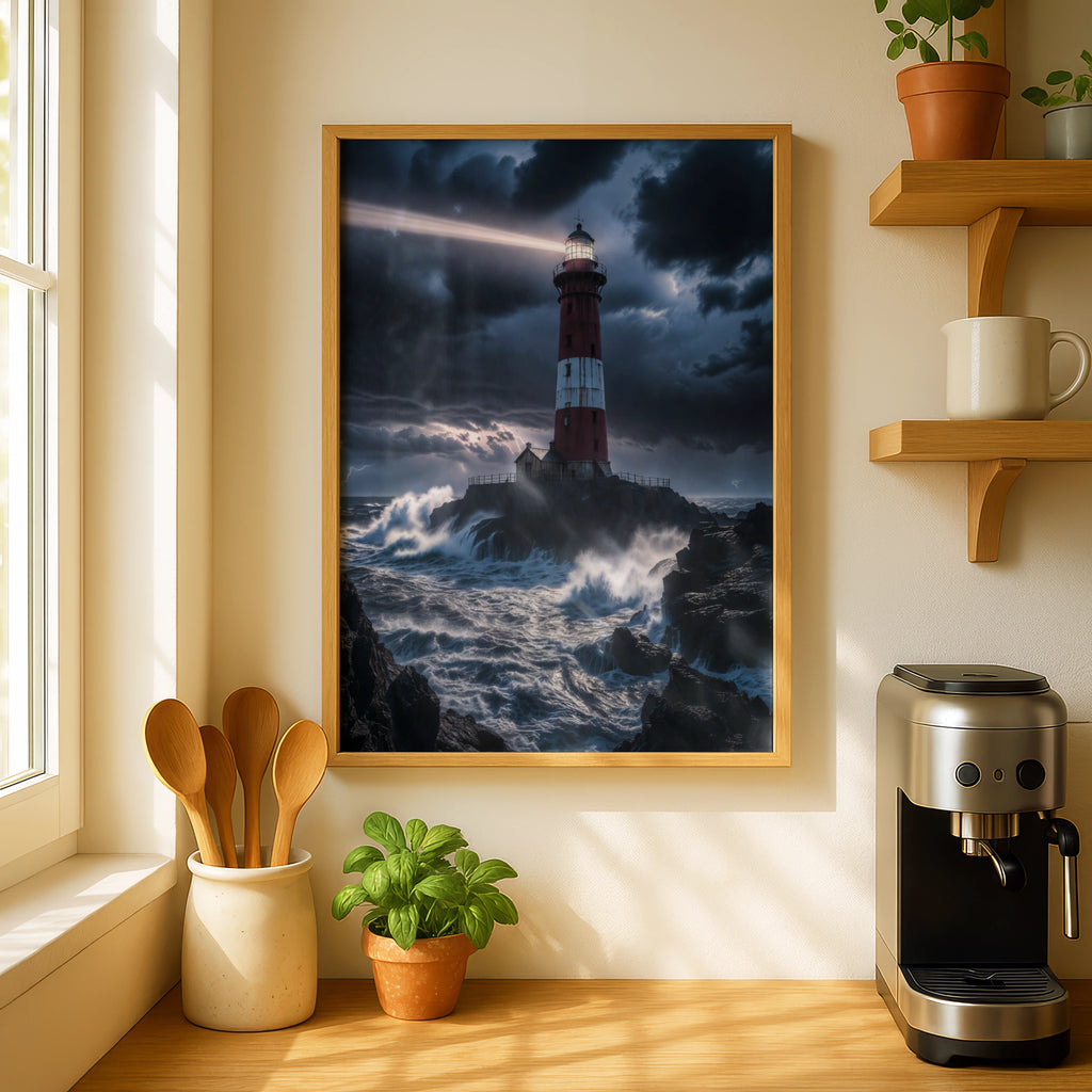 Stormy Lighthouse Poster, Red White Tower Ocean Waves Wall Art, Dark Dramatic Coastal Print
