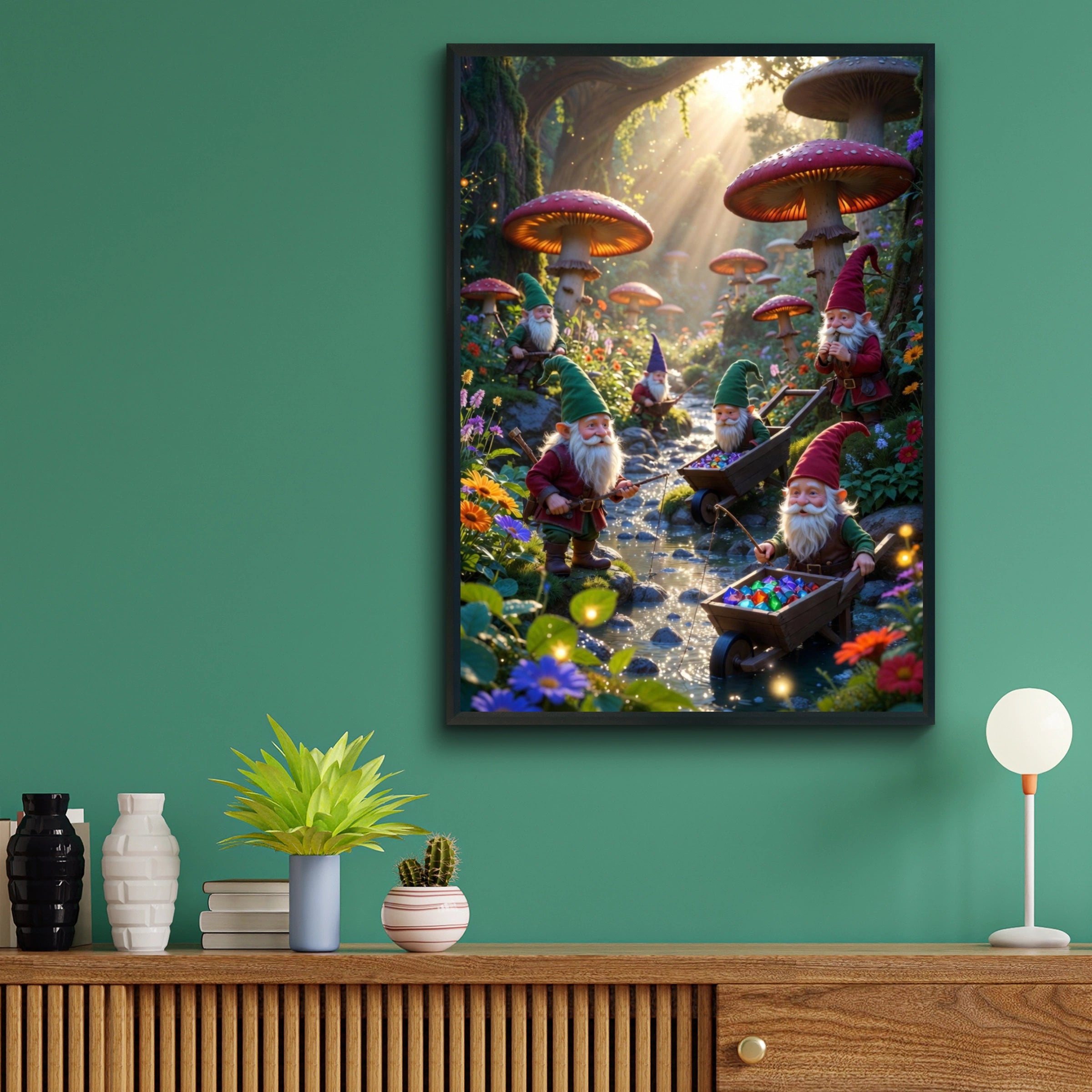 Gnome Forest Poster, Magical Mushroom Wall Art, Fantasy Gnomes Print, Enchanted Woodland Decor