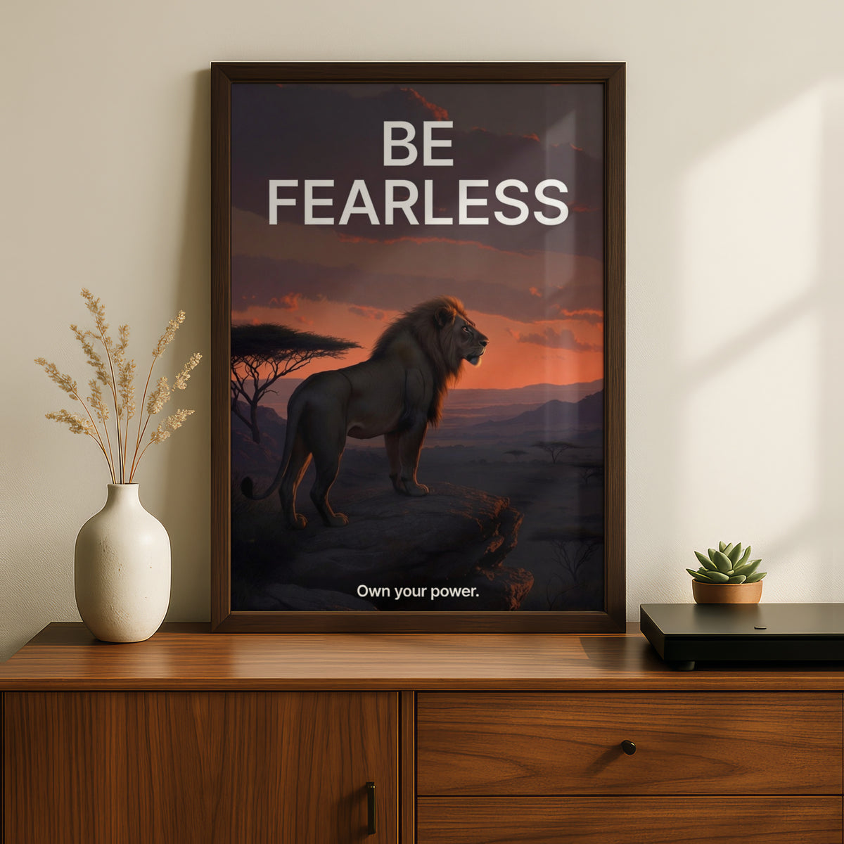 Be Fearless Lion Motivational Poster, Inspirational Wall Art, Safari Sunset Print