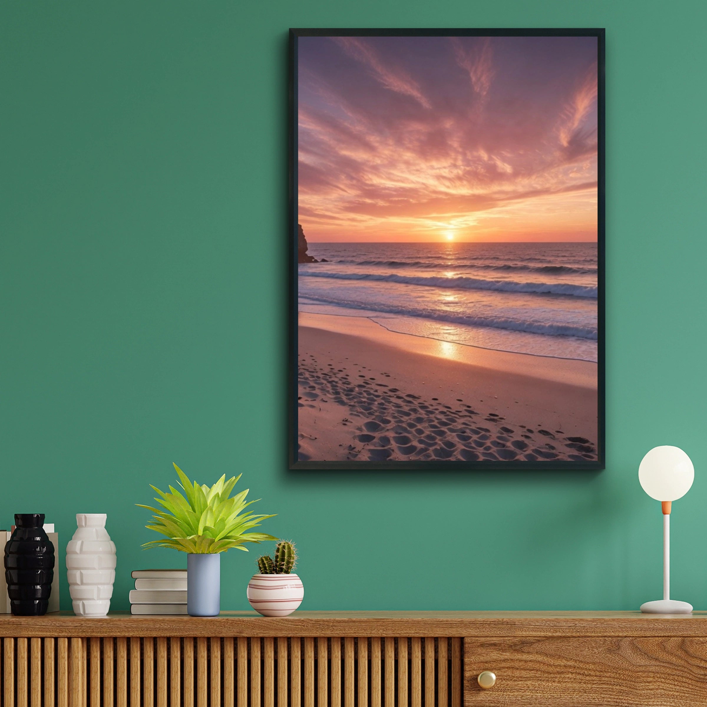 Beach Sunset Poster, Ocean Waves Wall Art, Pink Sky Coastal Print, Sandy Shore Decor
