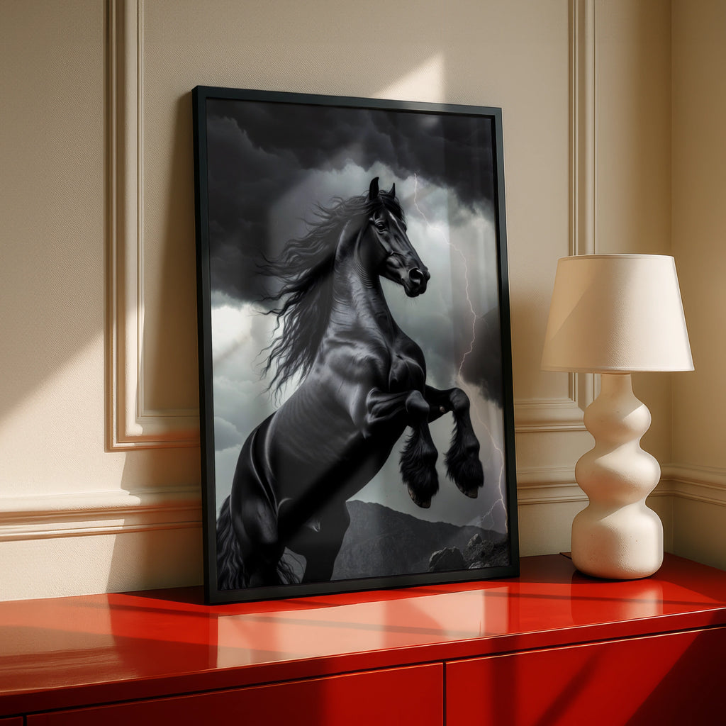 Black Horse Rearing in Storm Poster, Dramatic Lightning Wall Art, Friesian Print