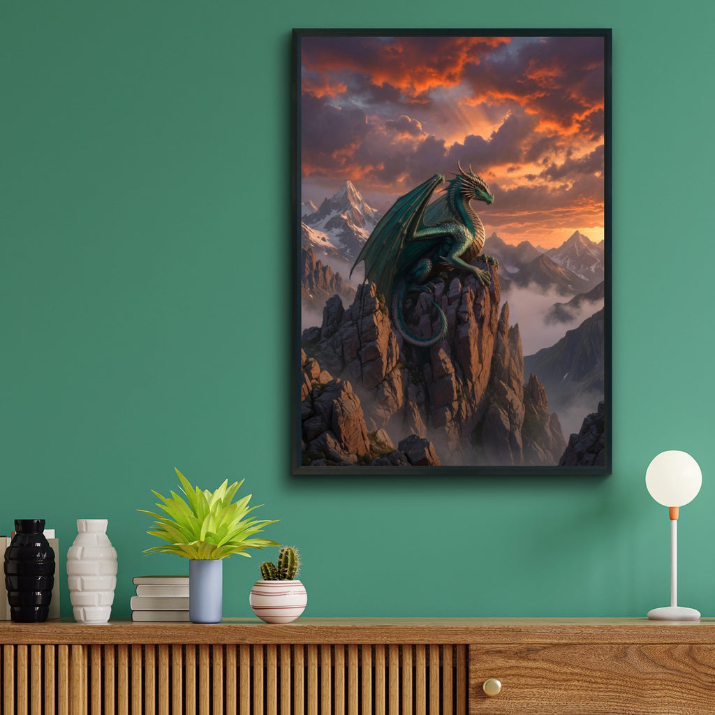 Dragon Mountain Sunset Poster, Fantasy Wall Art, Teal Dragon Print, Epic Sky Decor