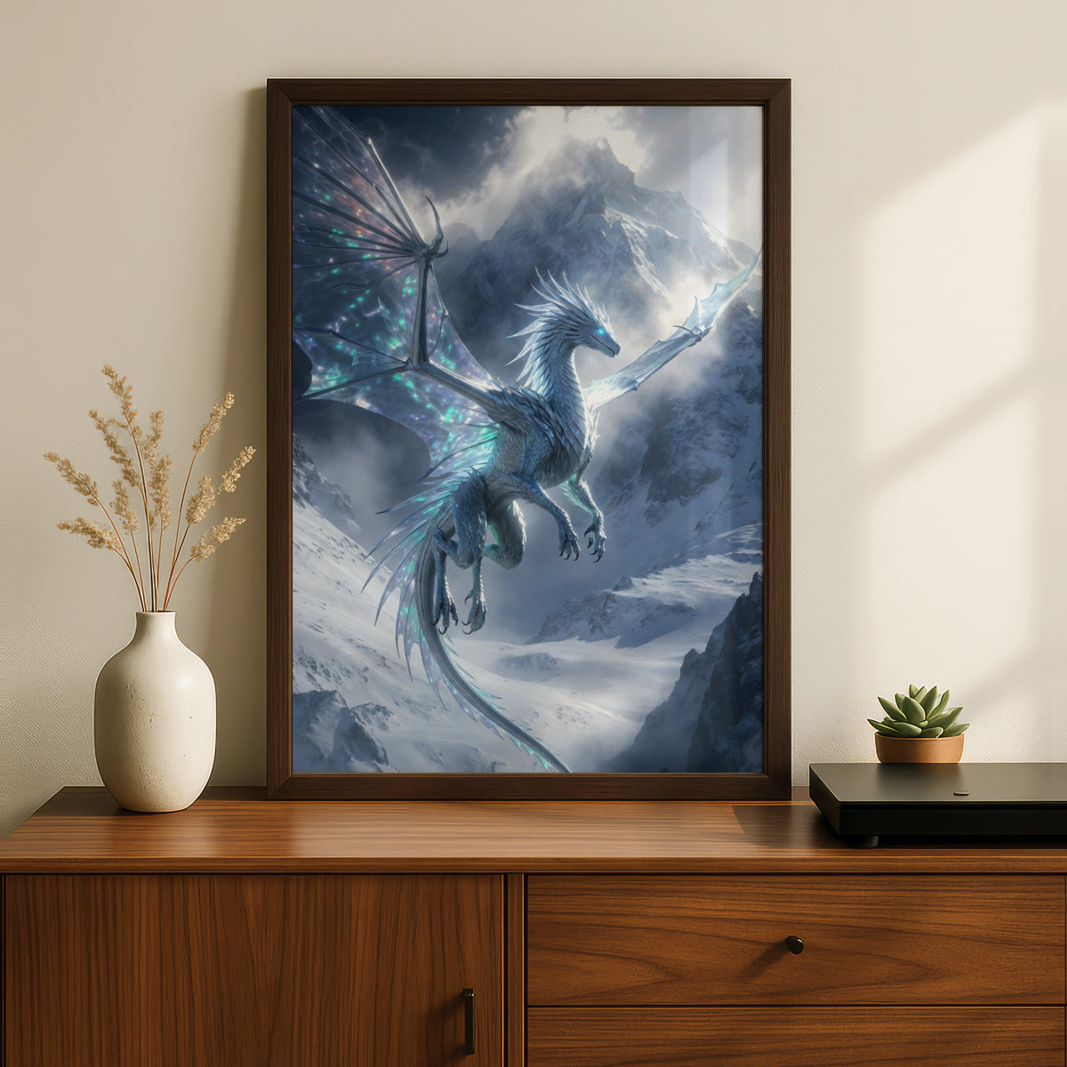 Ice Dragon Poster, Fantasy Dragon Wall Art, Blue Mythical creature, Snowy Mountain Print