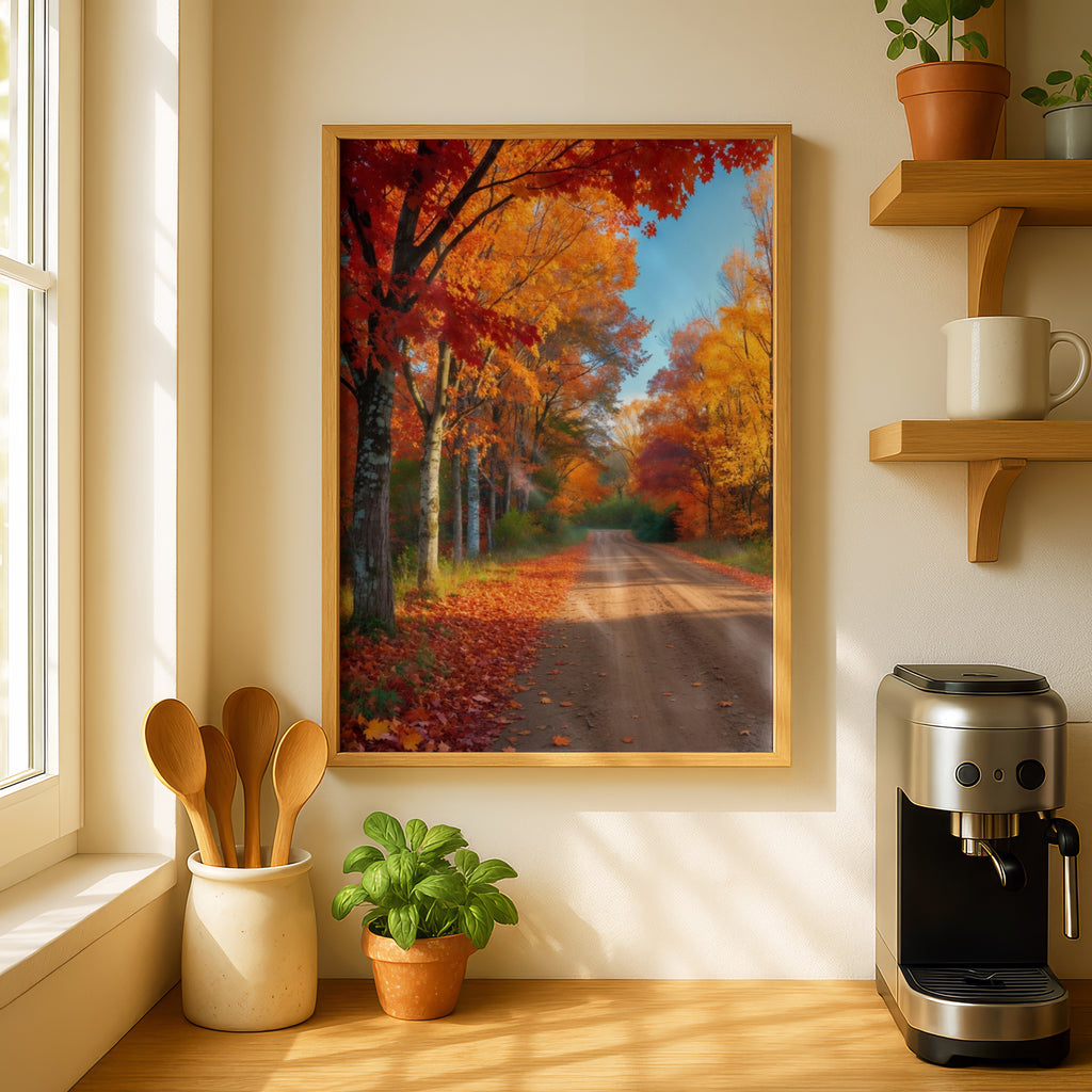 Fall Foliage Road Poster, Autumn Country Lane Wall Art, Orange Red Leaf Nature Print