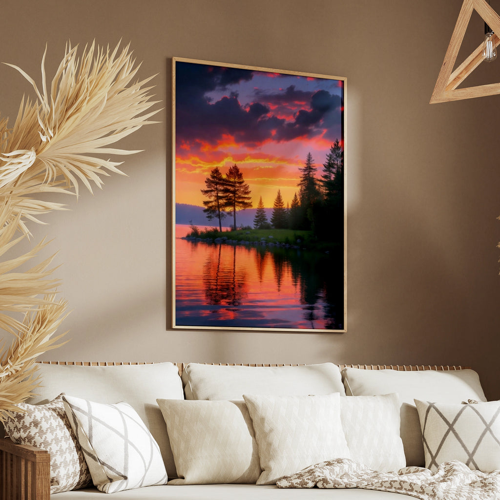 Sunrise Lake Forest Poster, Pine Tree Reflection Wall Art, Orange Sky Nature Print