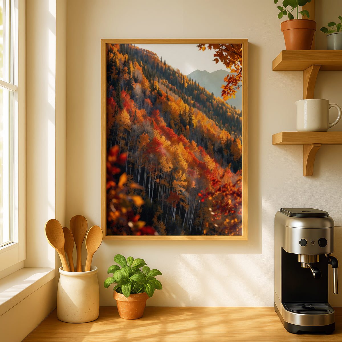 Fall Colors Mountain Forest Poster, Autumn Aspen Trees Wall Art, Red Orange Nature Print
