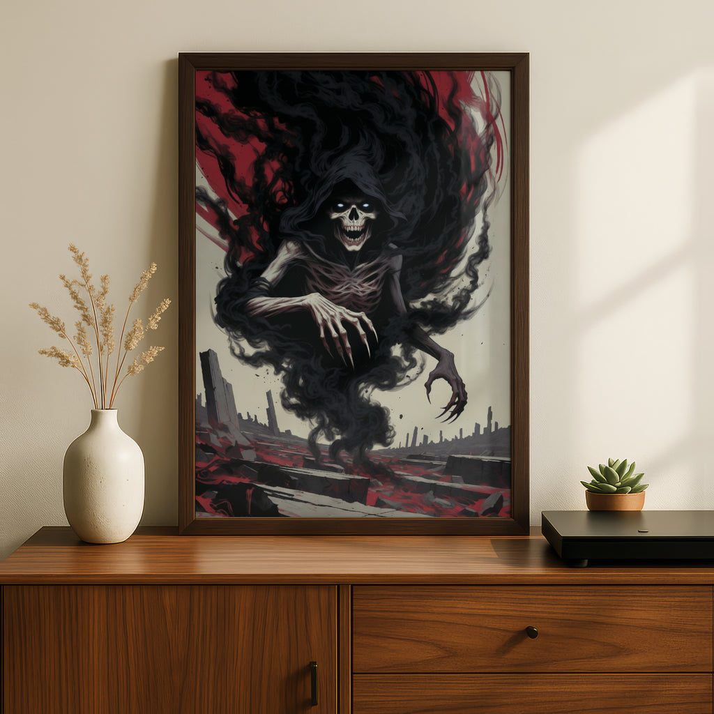 Grim Reaper Dark Art Poster, Skull Smoke Horror Wall Art, Gothic Fantasy Print, Red Black Decor