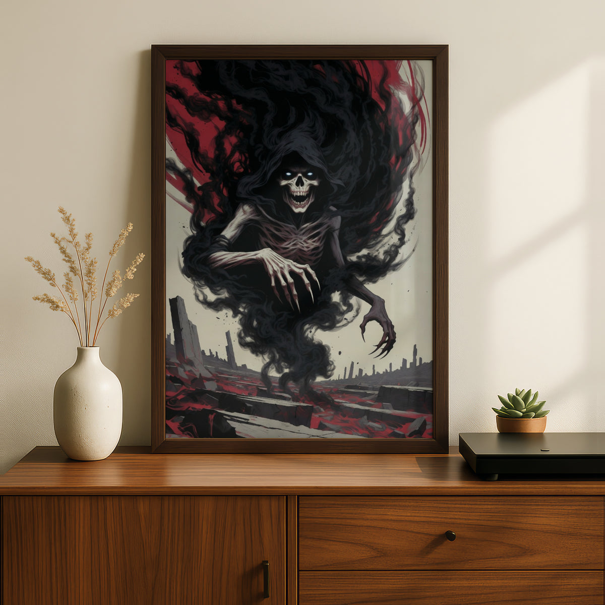 Grim Reaper Dark Art Poster, Skull Smoke Horror Wall Art, Gothic Fantasy Print, Red Black Decor