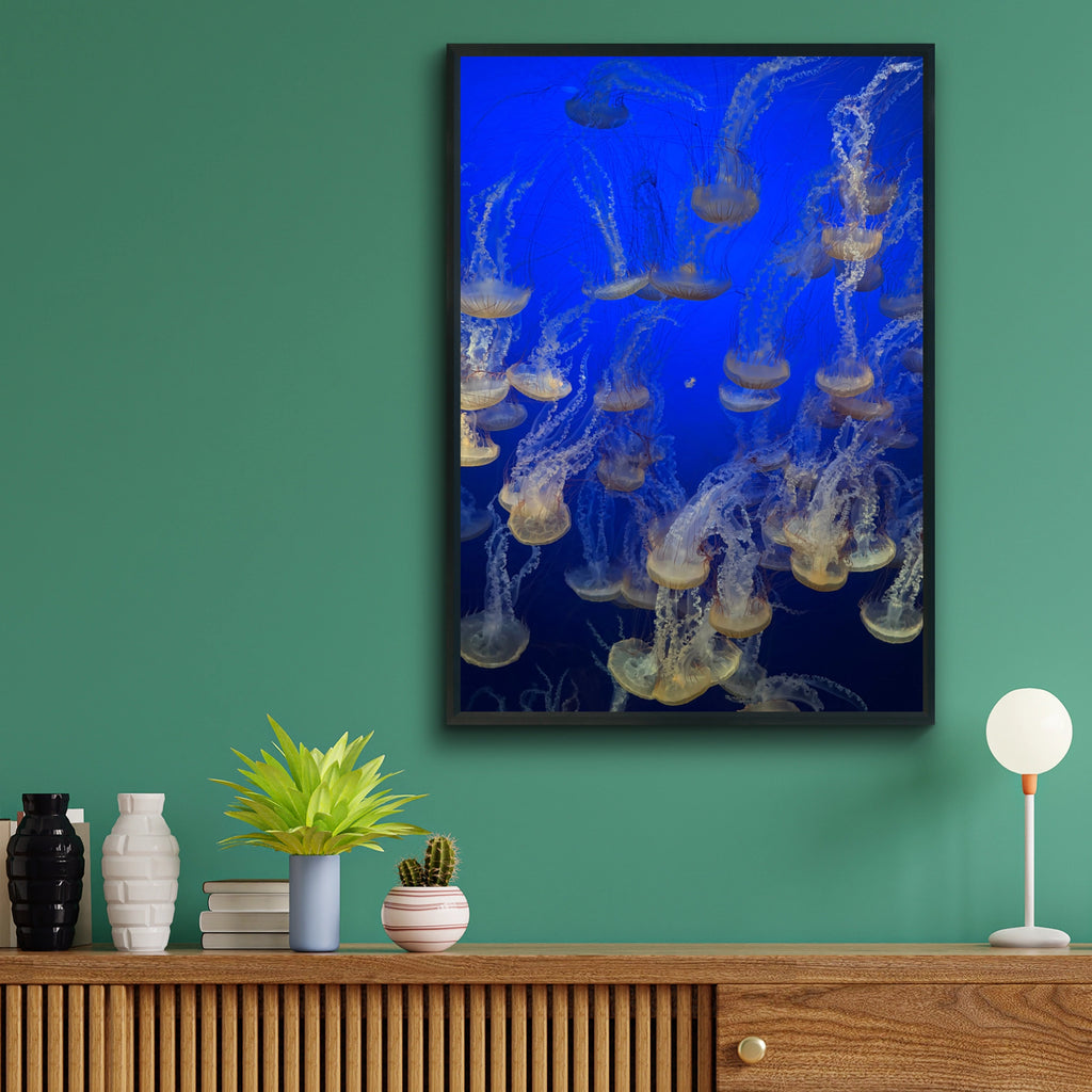 Jellyfish Swarm Poster, Ocean Wall Art, Blue Underwater Sea Life Print, Coastal Decor