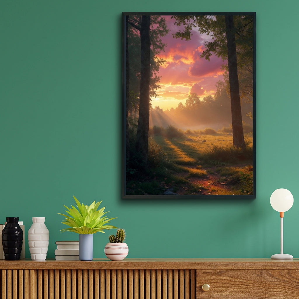 Sunset Forest Poster, Woodland Nature Wall Art, Misty Woods Print, Pink Sky Landscape