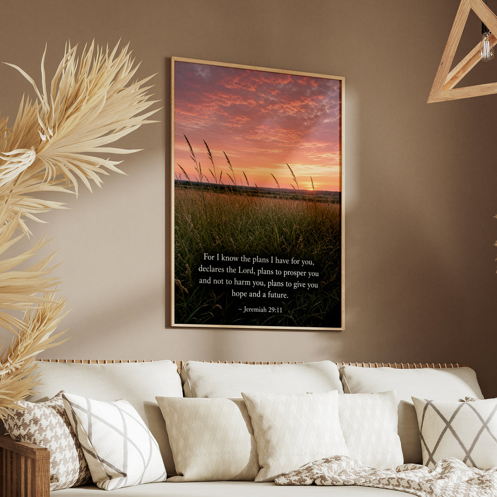 Jeremiah 29:11 Bible Verse Poster, Scripture Wall Art, Christian Gift, Sunset Field Print