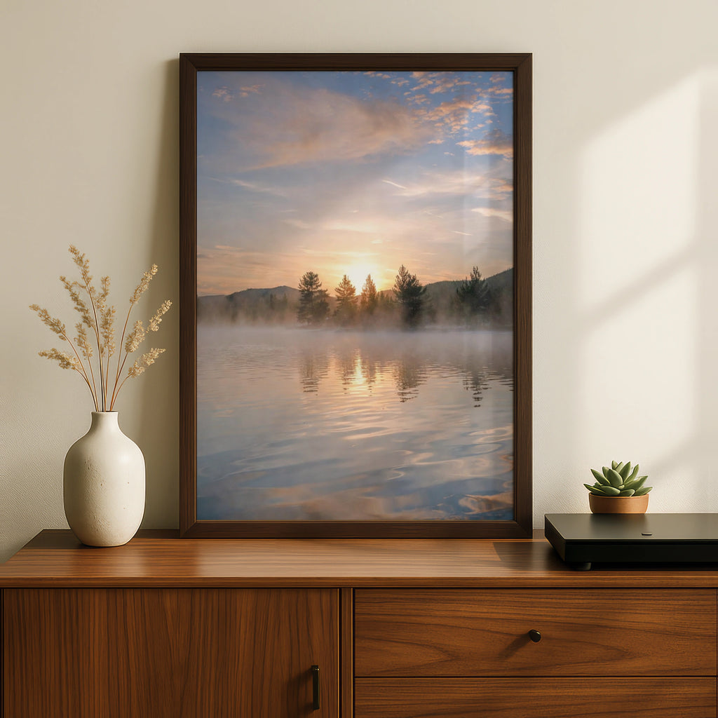 Misty Lake Sunrise Poster, Mountain Forest Wall Art, Nature Photography Print