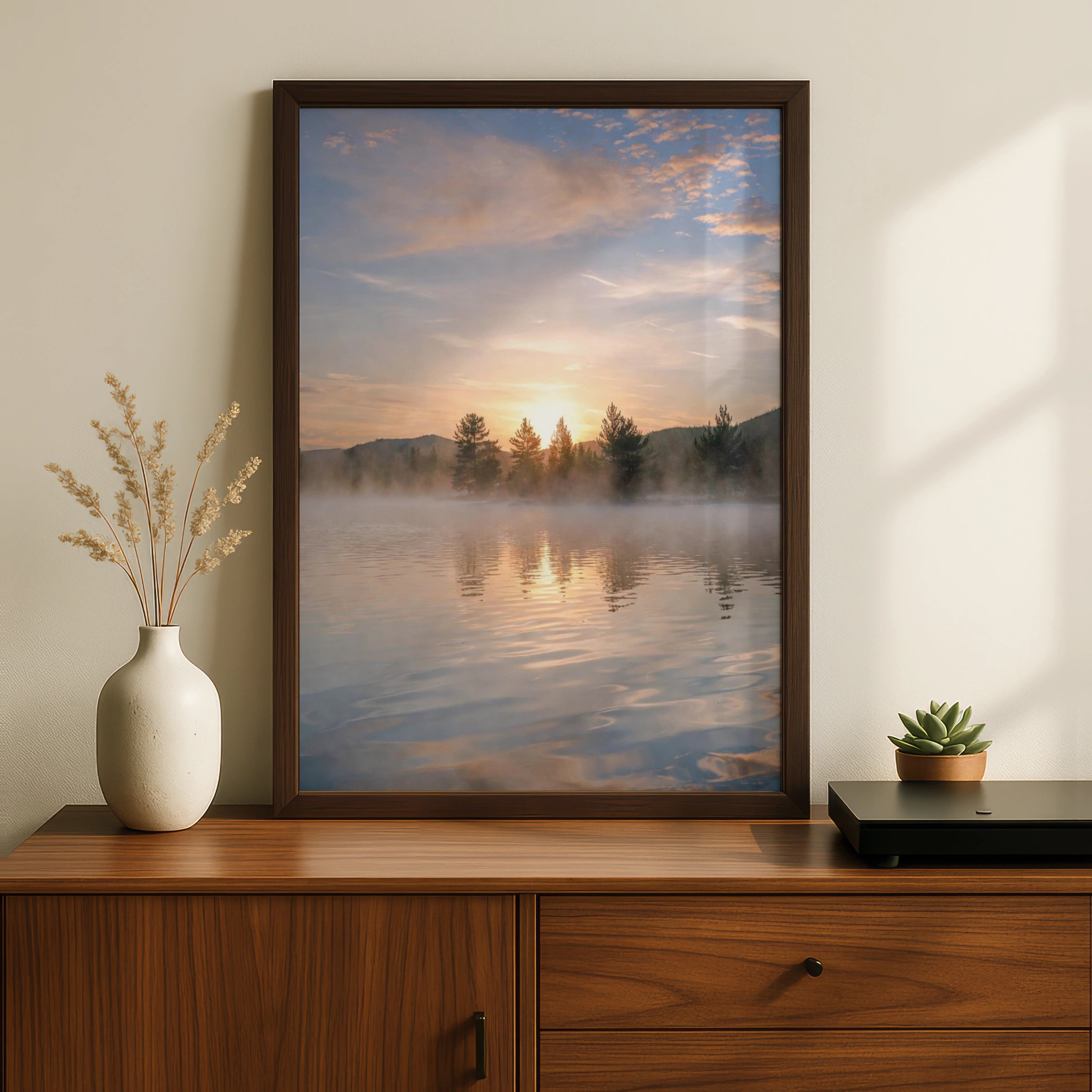 Misty Lake Sunrise Poster, Mountain Forest Wall Art, Nature Photography Print