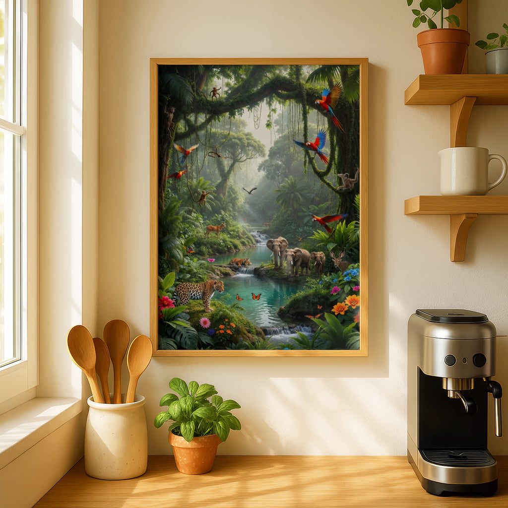 Jungle Wildlife Poster, Tropical Rainforest Animals Wall Art, Elephant Tiger Parrot Print