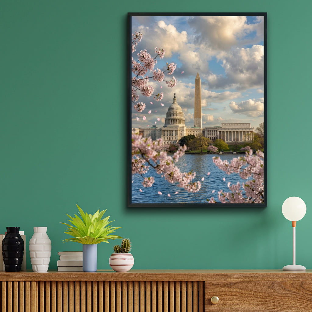 Washington DC Cherry Blossom Poster, Capitol Building Wall Art, Spring Tidal Basin Print