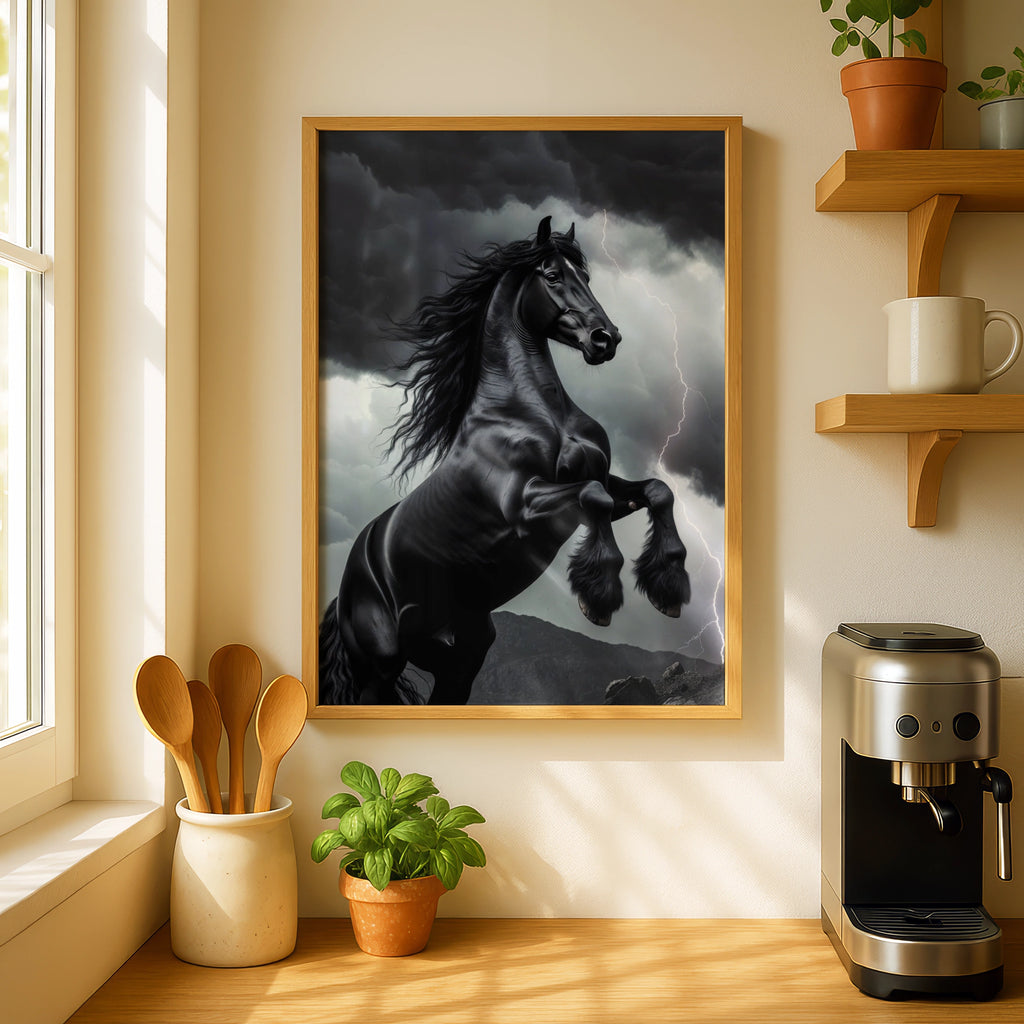 Black Horse Rearing in Storm Poster, Dramatic Lightning Wall Art, Friesian Print