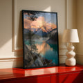 Mountain Lake Sunset Poster, Turquoise Water Nature Wall Art, Snowy Peaks Pine Tree Print
