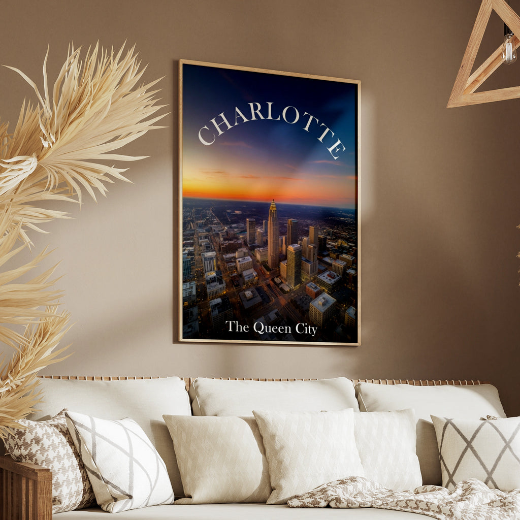 Charlotte North Carolina Skyline Poster, Queen City Aerial Sunset Wall Art Print
