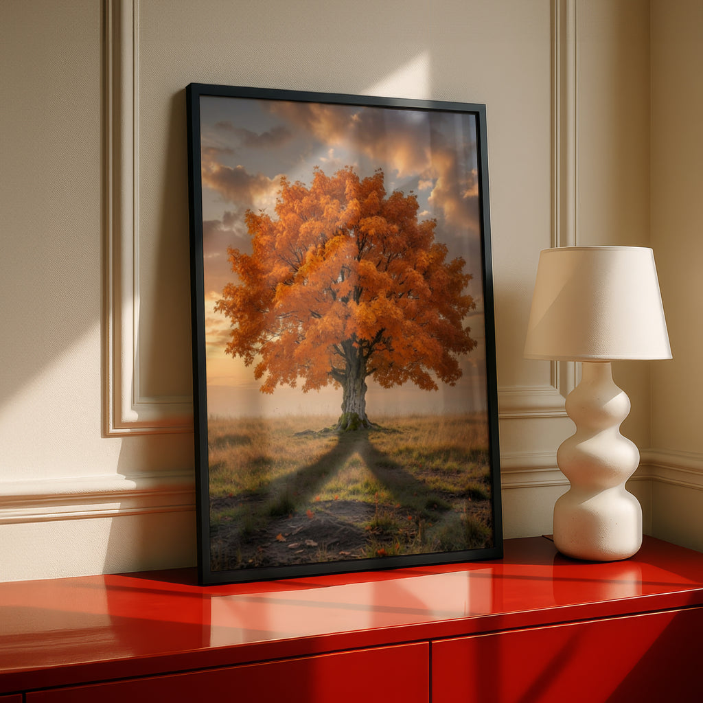 Fall Tree Poster, Autumn Orange Foliage Wall Art, Lone Tree Sunset Nature Print, Living Room Decor