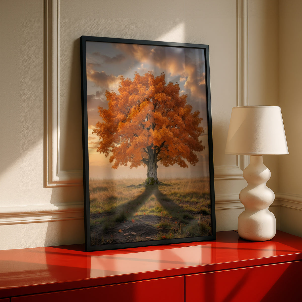 Fall Tree Poster, Autumn Orange Foliage Wall Art, Lone Tree Sunset Nature Print, Living Room Decor