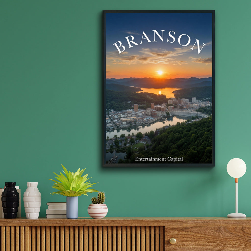 Branson Missouri Poster, Entertainment Capital Sunset Aerial View, Ozarks Wall Art Print