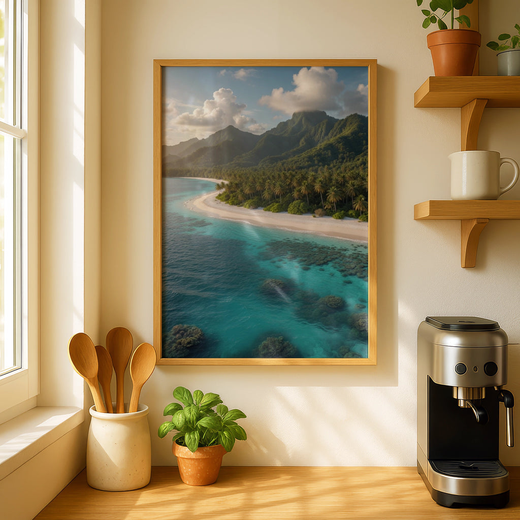 Tropical Beach Poster, Palm Tree Island Wall Art, Turquoise Ocean Print, Coastal Decor