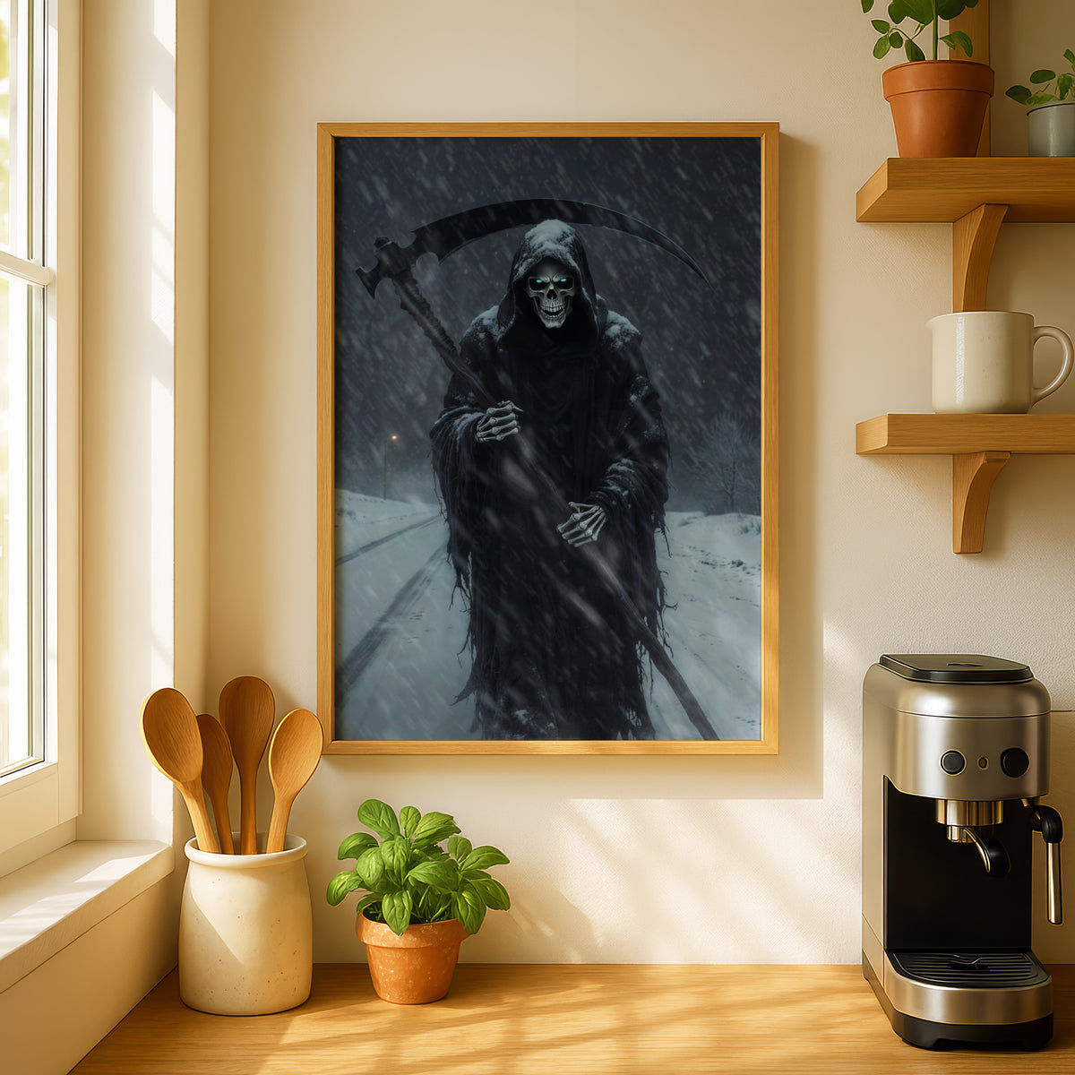 Grim Reaper Winter Snowstorm Poster, Dark Fantasy Wall Art, Skull Scythe Gothic Print