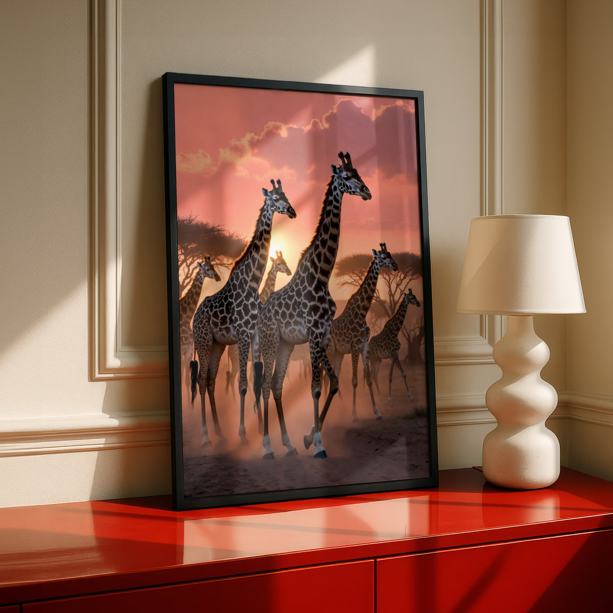 Giraffe Herd Sunset Poster, African Safari Wall Art, Savanna Wildlife Print, Pink Sky Decor