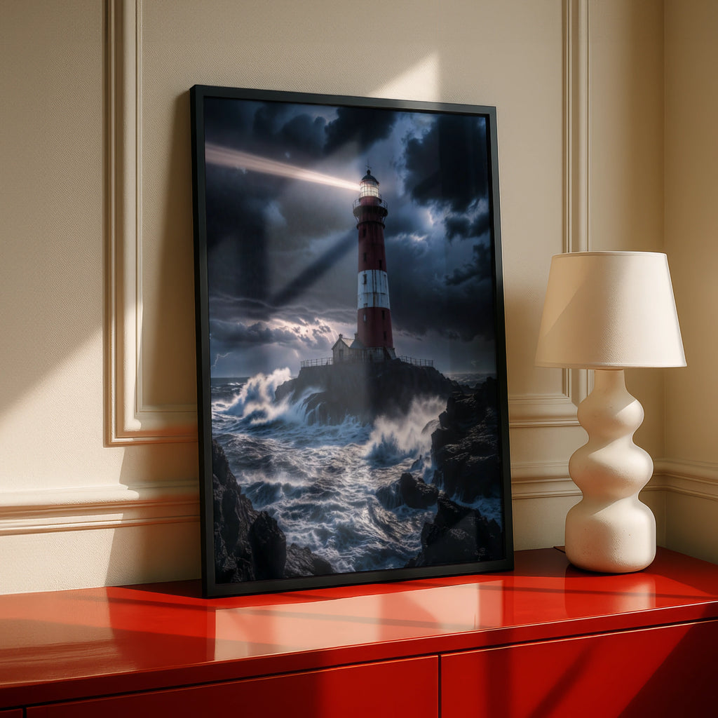 Stormy Lighthouse Poster, Red White Tower Ocean Waves Wall Art, Dark Dramatic Coastal Print
