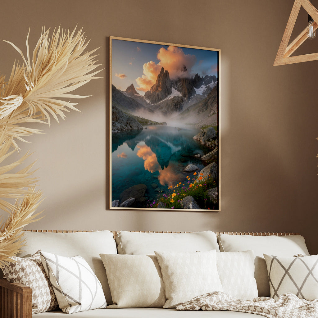 Mountain Lake Poster, Alpine Wildflower Wall Art, Teal Lake Landscape Print, Nature Decor
