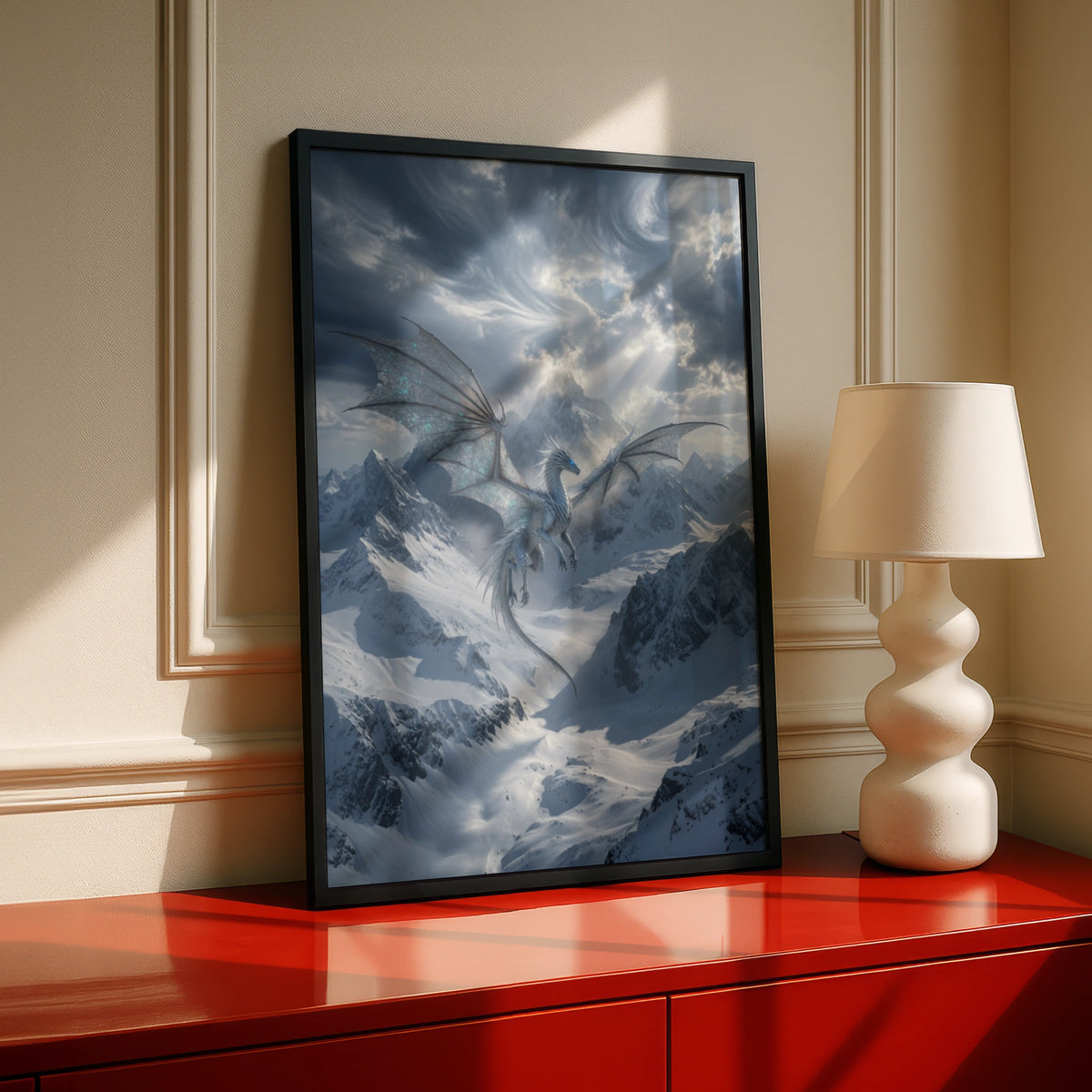 Ice Dragon Flying Over Snowy Mountains Poster, Fantasy Wall Art, Blue Dragon Print