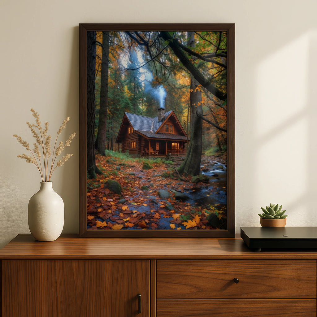 Cozy Log Cabin Autumn Forest Poster, Peaceful Woodland Retreat Wall Art Print