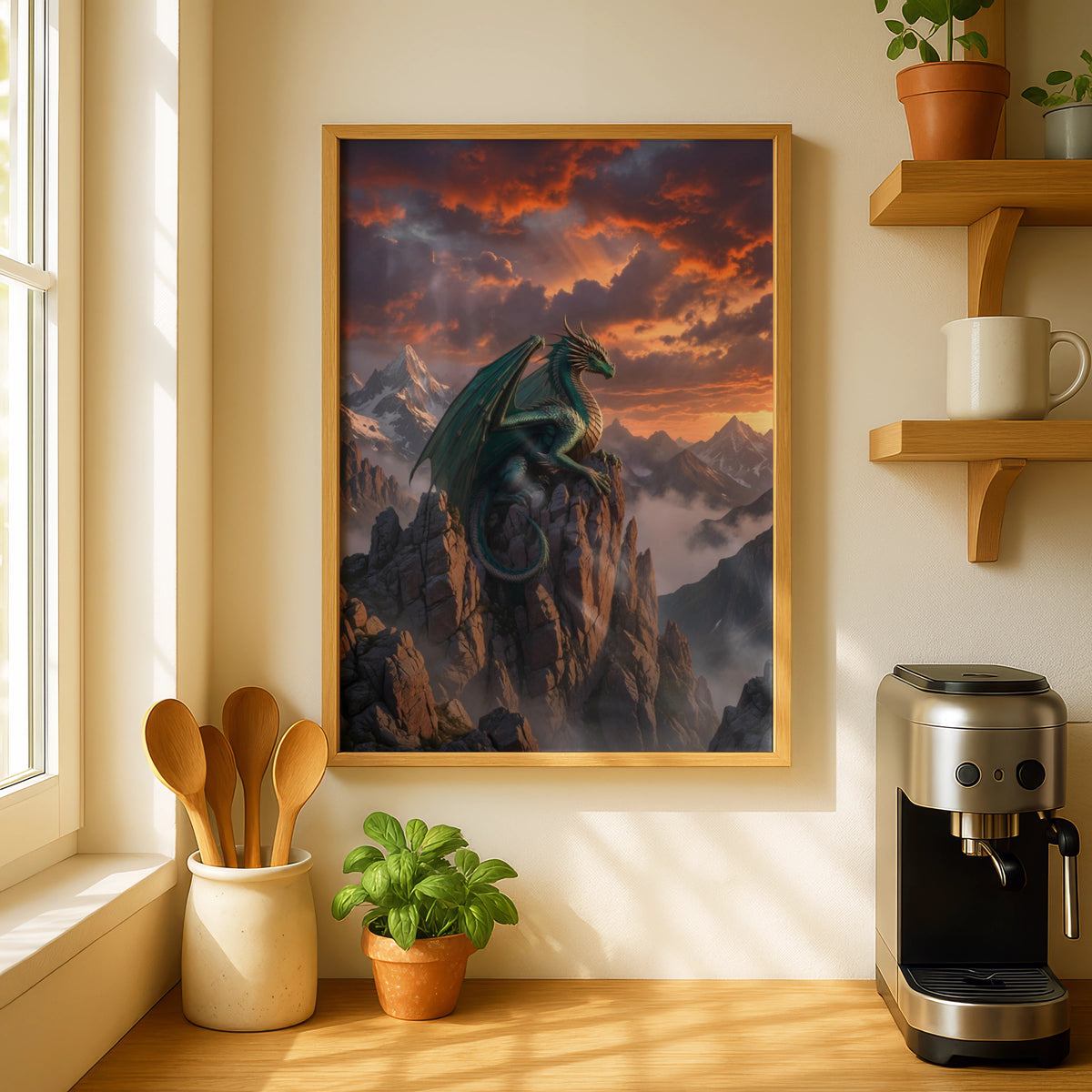 Dragon Mountain Sunset Poster, Fantasy Wall Art, Teal Dragon Print, Epic Sky Decor