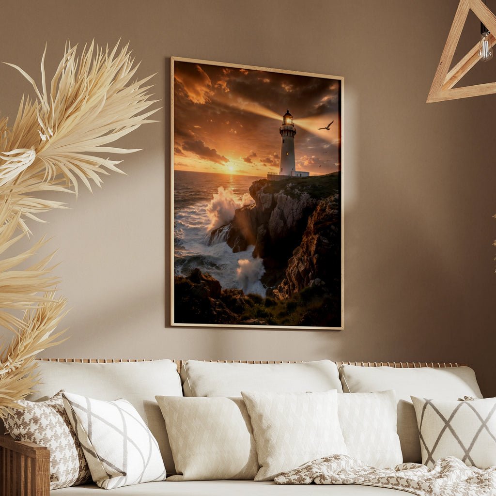 Lighthouse Sunset Poster, Coastal Wall Art, Rocky Cliff Ocean Print, Dramatic Seascape Decor
