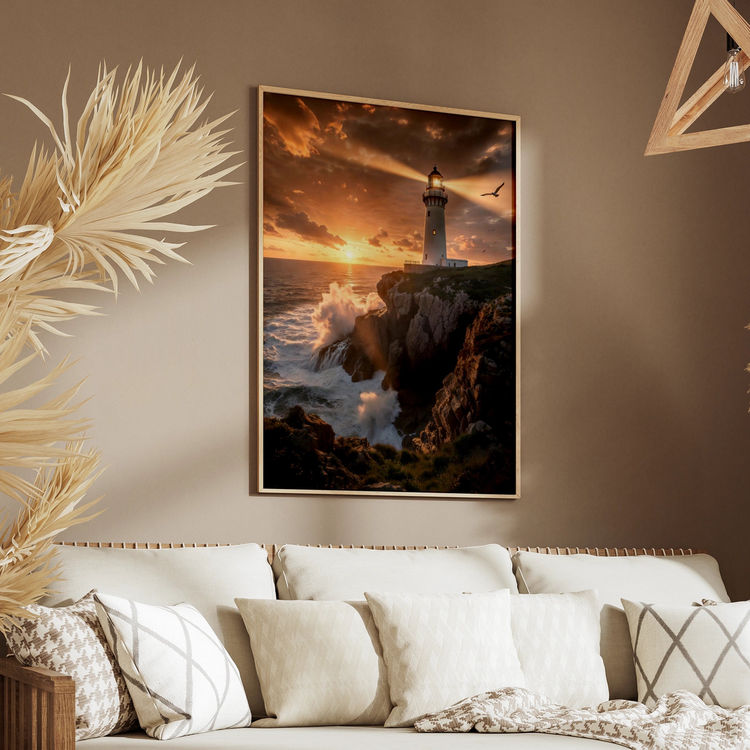 Lighthouse Sunset Poster, Coastal Wall Art, Rocky Cliff Ocean Print, Dramatic Seascape Decor