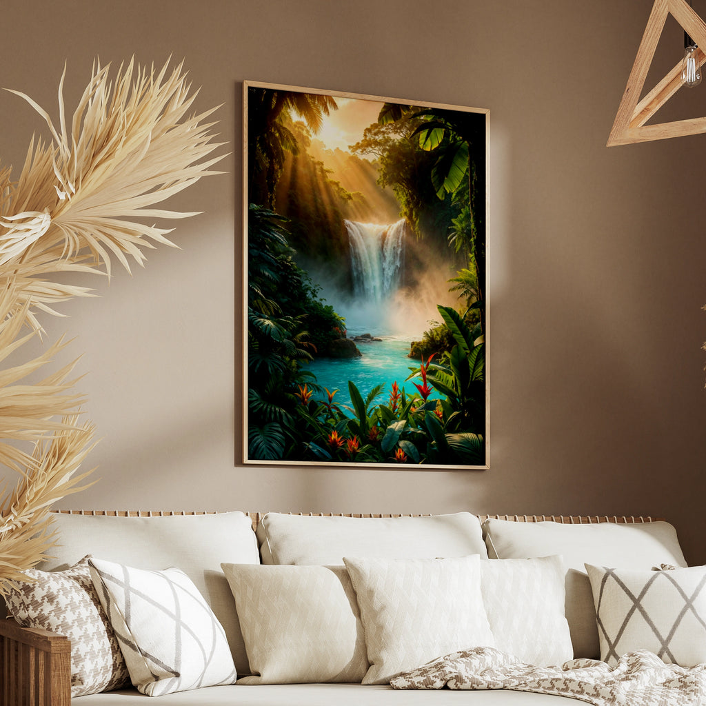 Jungle Waterfall Poster, Tropical Rainforest Wall Art, Turquoise Nature Print