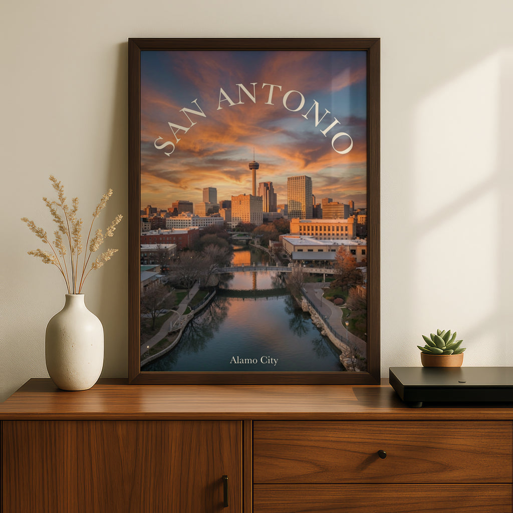 San Antonio Skyline Poster, Alamo City Texas Wall Art, River Walk Sunset Print, TX Gift