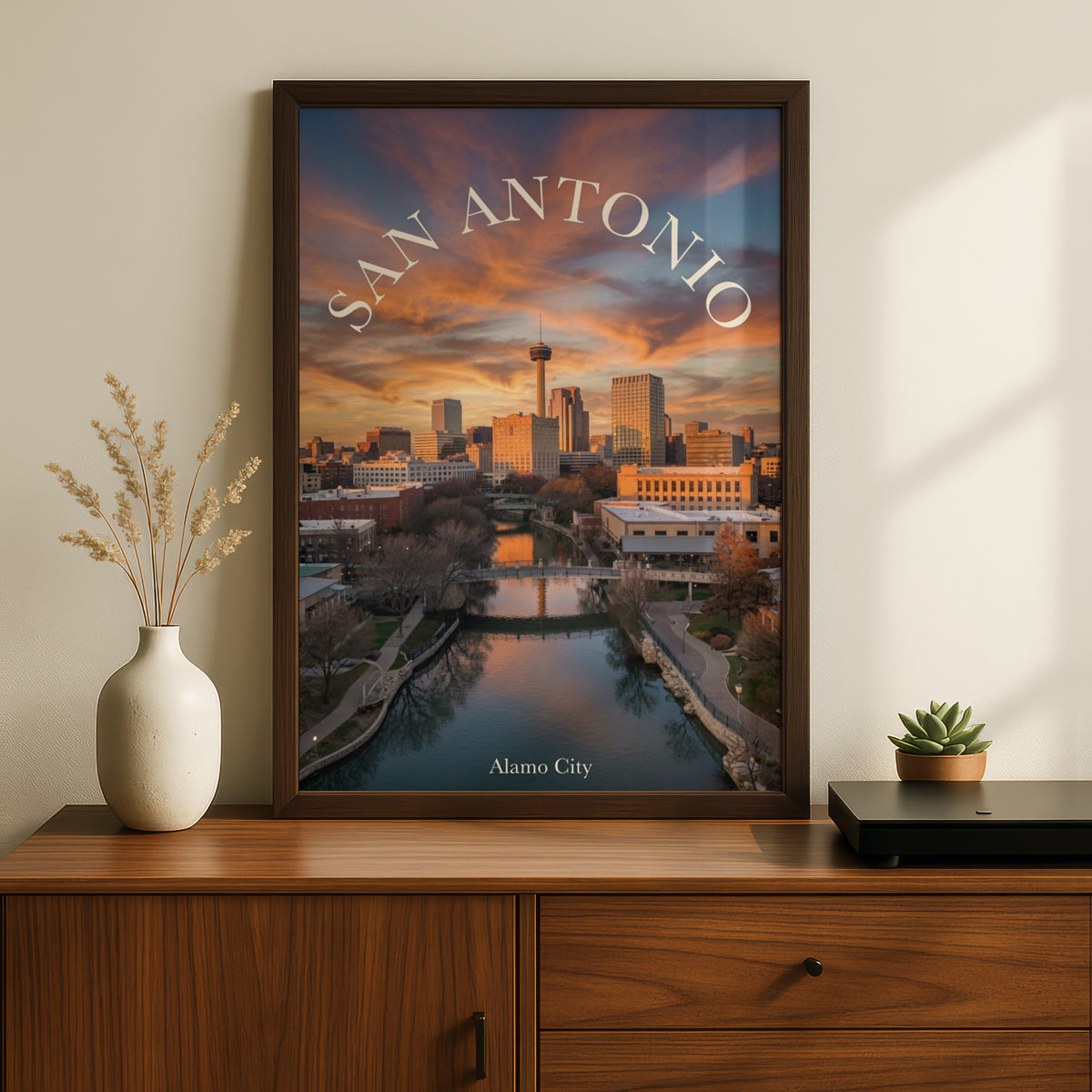 San Antonio Skyline Poster, Alamo City Texas Wall Art, River Walk Sunset Print, TX Gift