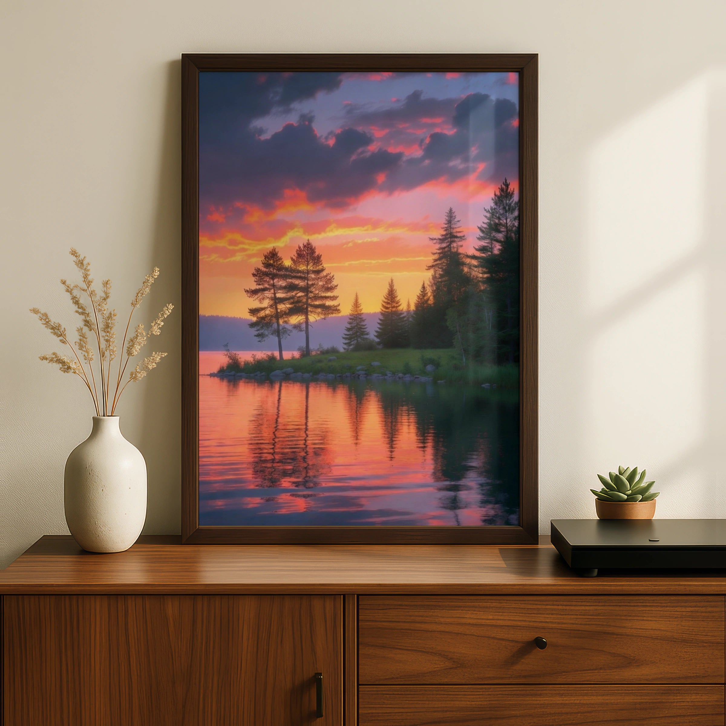 Sunrise Lake Forest Poster, Pine Tree Reflection Wall Art, Orange Sky Nature Print