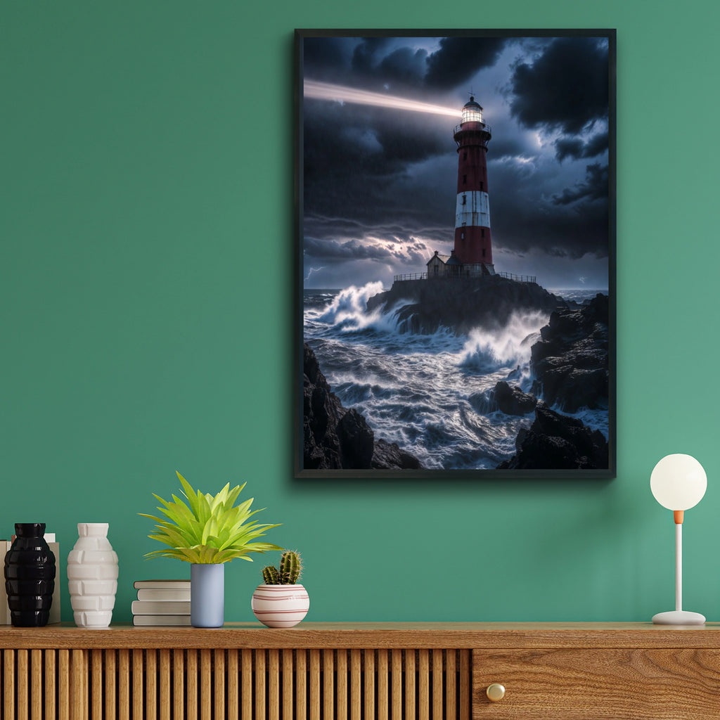 Stormy Lighthouse Poster, Red White Tower Ocean Waves Wall Art, Dark Dramatic Coastal Print