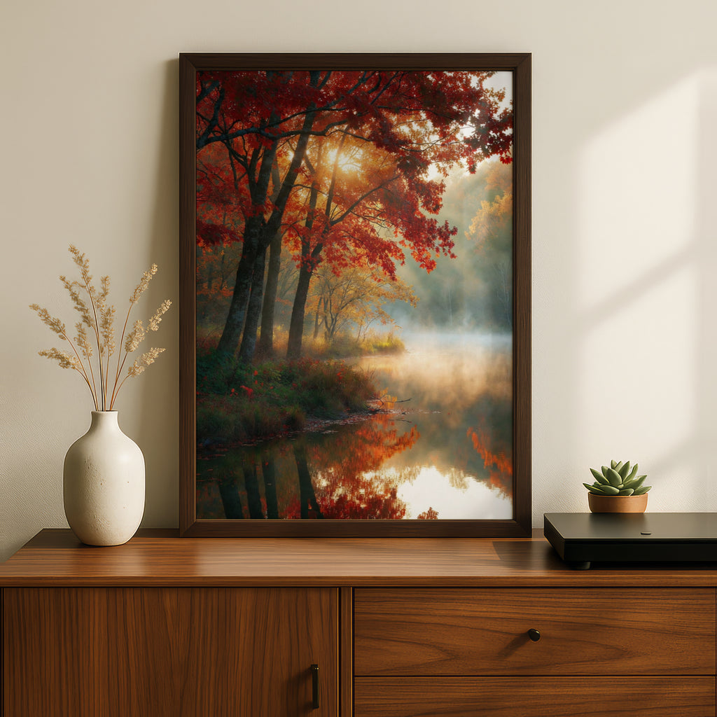 Fall Colors Lake Poster, Autumn Forest Reflection Wall Art, Misty Red Maple Tree Print